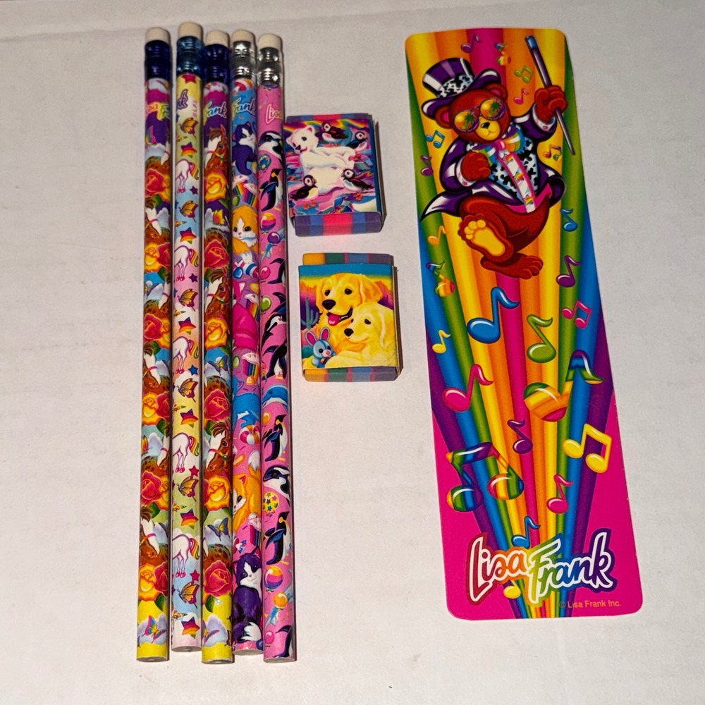 Vintage Lisa Frank Stationery Set Pencils Erasers Bookmark Hollywood Bear 90s